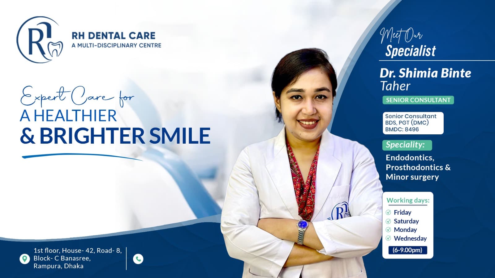 Dr. Shimia Binte Taher, Senior Dental Surgeon at RH Dental Care, in a white clinical coat.